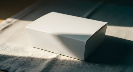 A simple white cardboard box sits on a textured surface, bathed in warm, natural light that casts soft shadows, creating a minimalist and clean aesthetic.の素材
