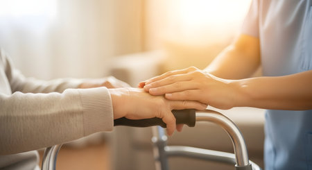 Close-up of a caregivers hands gently resting on an elderly persons hands as they use a walker, symbolizing compassion and assistance.の素材