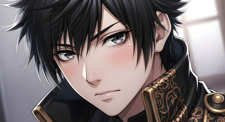 Close-up portrait of a handsome anime boy with striking eyes and dark, spiky hair, wearing ornate clothing.の素材