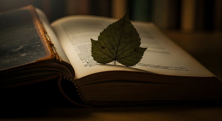 A close-up shot of an old, open book with a dried leaf placed between its pages, suggesting a moment of quiet reflection or study.の素材