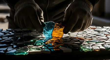 Close-up of skilled hands wearing gloves carefully placing small, colorful glass shards to create a mosaic artwork.の素材