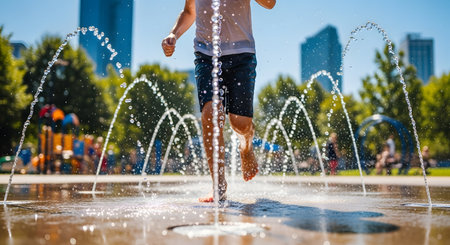 A young child joyfully runs through a water fountain splash pad, surrounded by trees and city buildings on a bright summer day.の素材