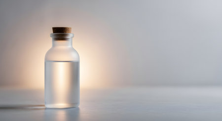 A minimalist composition featuring a clear glass bottle filled with a transparent liquid, sealed with a cork stopper, set against a soft, luminous background.の素材