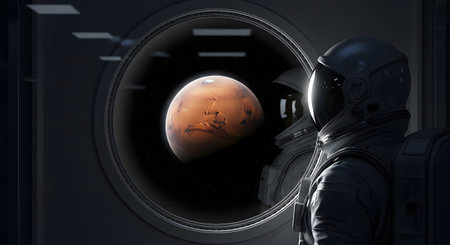 An astronaut in a helmet looks out a large circular window at the planet Mars, symbolizing humanitys reach into the cosmos.の素材