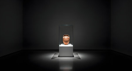 A single ancient artifact is illuminated by a spotlight on a pedestal in a dimly lit museum gallery.の素材