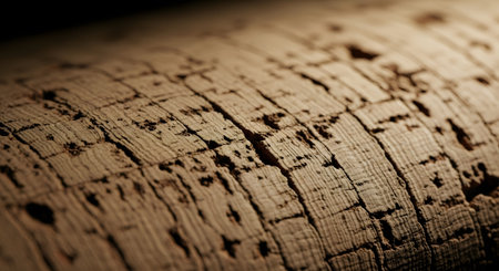 Detailed macro view of a cork surface, highlighting its unique texture, cracks, and natural porous structure.の素材