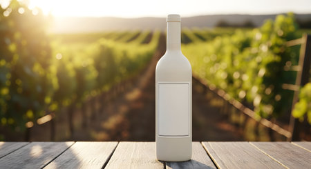 A white bottle of wine stands on a wooden table in a vineyard during sunset. The sun casts a warm glow over the grapevines.の素材