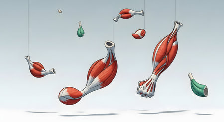 Detailed anatomical illustration showcasing various muscle fibers and muscle cells, highlighting their structure and composition.の素材