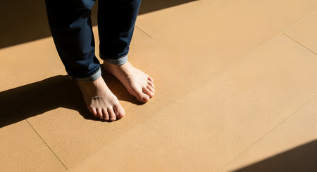 Close-up of bare feet standing on a warm, textured floor, with strong diagonal shadows cast by sunlight.の素材