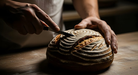 Close-up of a bakers hands scoring a rustic sourdough loaf with a lame, creating a beautiful pattern on the crust.の素材