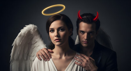 A woman with angel wings and halo stands beside a man with devil horns, symbolizing the duality of good and evil in relationships.の素材