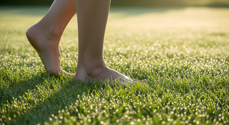 Close-up of bare feet walking on lush green grass covered in morning dew, illuminated by the soft light of sunrise.の素材
