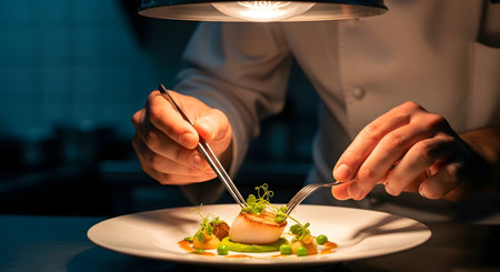 Close-up of a chefs hands using tweezers to delicately place microgreens on a beautifully plated scallop dish, highlighting culinary artistry.の素材