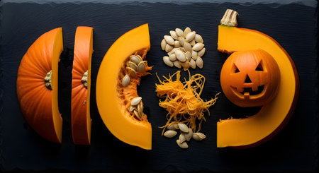 A top-down view of a pumpkin being carved for Halloween, showing the separated pieces, seeds, and pulp.の素材