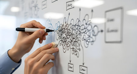 Close-up of hands drawing a detailed flowchart on a glass whiteboard, illustrating business strategy and planning.の素材