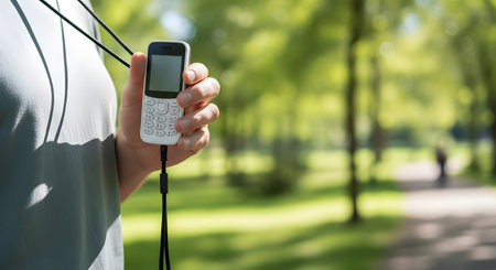 Cropped shot of a person holding an old mobile phone. Sunny outdoor park setting with trees in the background. Focus on the retro device.の素材