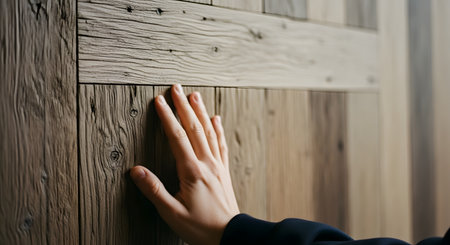 A persons hand gently touches rough, weathered wooden planks, highlighting texture and natural material.の素材