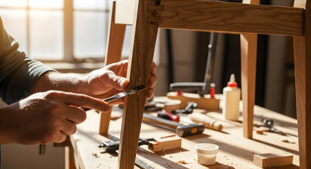 Close-up of a carpenters hands working on a wooden chair frame, applying glue and using tools in a sunlit workshop.の素材