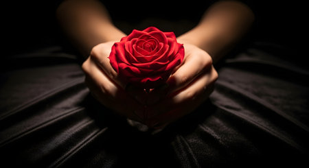 A persons hands gently cradle a vibrant red rose against a dark, blurred background, creating a dramatic and intimate mood.の素材