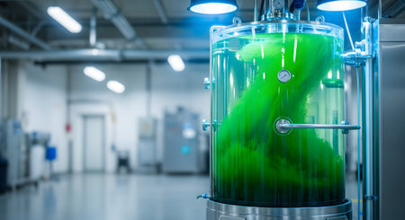 A large bioreactor filled with vibrant green liquid is shown in a clean, modern laboratory environment, highlighting scientific research and development.の素材