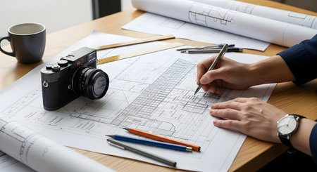 Close-up of hands drawing architectural blueprints on a desk, with a camera, pens, and coffee cup nearby, symbolizing the creative design process.の素材