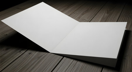 A clean, white card is presented open on a dark, rustic wooden table, creating a minimalist and versatile mockup.の素材