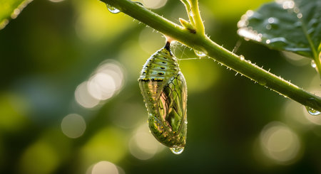A close-up of a green chrysalis hanging from a thin branch, with water droplets clinging to its surface. The background is softly blurred green foliage.の素材