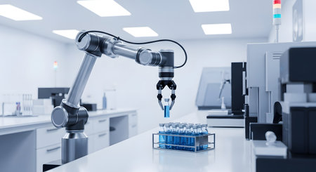 Futuristic robotic arm performing automated tasks in a modern laboratory. The manipulator precisely handles test tubes for scientific research, analysis, or pharmaceutical development.の素材