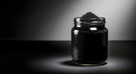 A close-up, dramatic black and white shot of a glass jar filled with fine black powder, piled high above the rim.の素材