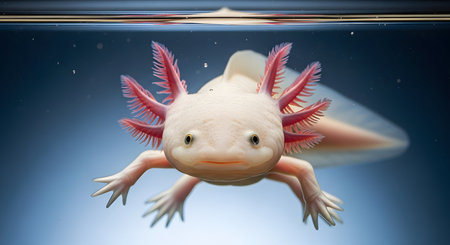 A rare white axolotl swims gracefully in clear blue water, its feathery gills prominent.の素材