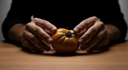 A persons hands gently cradle a single, bumpy heirloom tomato on a rustic wooden surface. The lighting is dramatic, highlighting the texture of the tomato and the hands.の素材