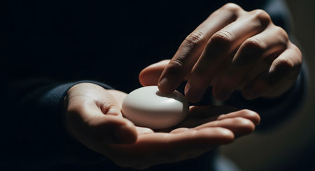 A persons hands are shown in a close-up shot, with one hand holding a white egg and the other hand in the process of cracking it.の素材