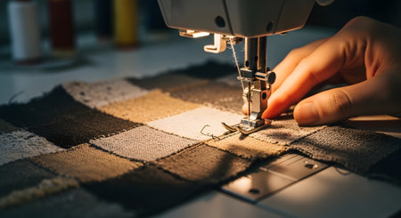 A womans hand carefully guides a multi-colored patchwork fabric under the needle of an electric sewing machine. The warm light highlights the detailed stitching and craft.の素材