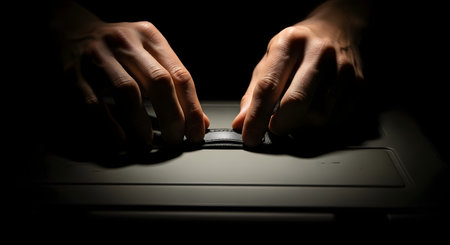 A close-up shot of hands typing on a laptop keyboard, illuminated by a dim light, creating a sense of mystery and focus.の素材