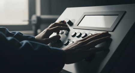 A persons hands are seen operating a sophisticated control panel, featuring buttons, knobs, and a digital screen, suggesting advanced technology or machinery.の素材