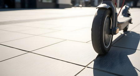 Low angle close up shot of an electric scooters back wheel parked on a tiled city pavement. Bright sunlight creates a distinct shadow, symbolizing modern urban mobility.の素材