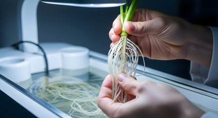 A scientist carefully inspects the robust root system of a plant under artificial light, showcasing advanced horticultural research.の素材