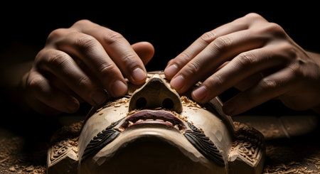 A craftsmans hands meticulously carve a traditional wooden mask, highlighting the detailed artistry and cultural significance.の素材