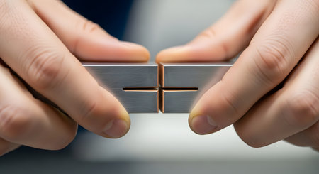 Two hands are holding two metal blocks that are about to connectの素材