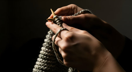 A detailed close-up shot of hands actively knitting a textured fabric with yarn and needles, illuminated by soft, directional light against a dark background.の素材