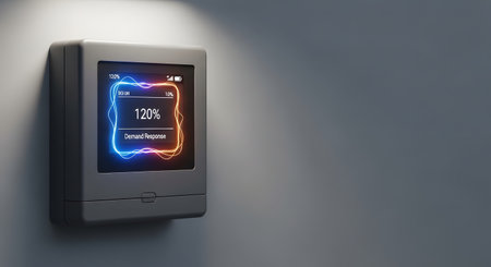 A sleek, modern digital thermostat mounted on a gray wall, displaying a vibrant neon interface with a 120 charge indicator.の素材