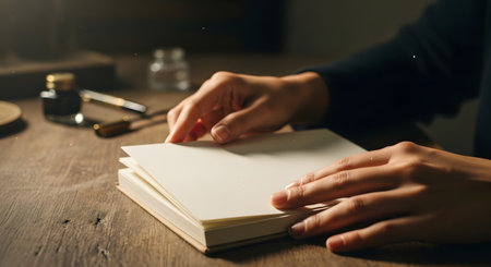 A persons hands gently turn the pages of a thick, blank book, illuminated by soft light, suggesting study or writing.の素材
