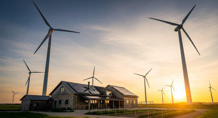 A modern farmhouse equipped with solar panels and surrounded by wind turbines, bathed in the warm glow of a setting sun.の素材