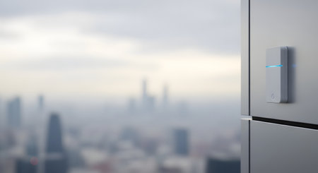 Close-up of a sleek, modern refrigerator door with a handle, set against a blurred background of a city skyline.の素材