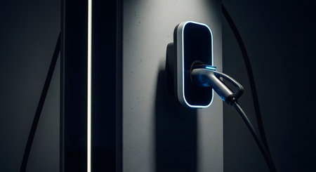A sleek, modern electric vehicle charging station is plugged into a wall, emitting a subtle blue glow. The image highlights advanced technology and sustainable energy solutions.の素材