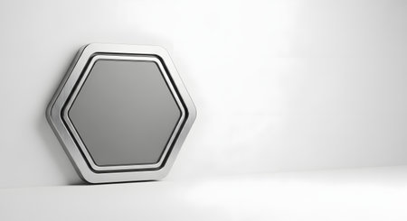 A sleek, modern hexagonal object with a metallic border rests against a clean white wall, casting a subtle shadow.の素材