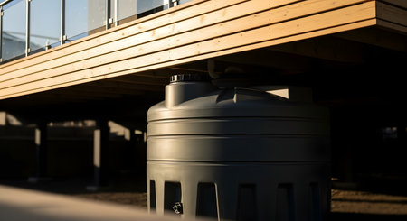 A close-up view of a modern homes wooden deck elevated on a large, grey water tank, showcasing innovative architectural support.の素材