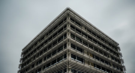 A stark, geometric facade of a brutalist building, viewed from a low angle against a cloudy sky.の素材