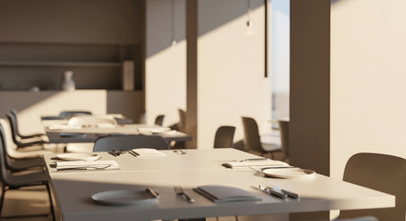 A contemporary restaurant dining area bathed in natural sunlight, featuring elegantly set tables ready for guests.の素材