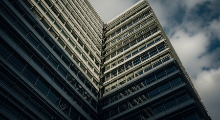 A low-angle shot of a contemporary skyscraper, showcasing its repetitive window design and concrete structure against a dramatic sky.の素材